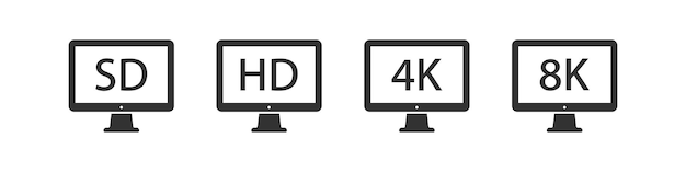 Icono de monitor de 4k Señales de TV HD Video en símbolo de 8k Símbolos de pantalla de alta resolución Iconos de televisión de 2k Color negro Signo aislado vectorial