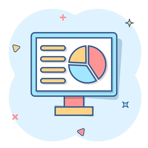 Icono de monitor analítico en estilo cómico Diagrama de vector Ilustración de dibujos animados en fondo blanco aislado Efecto de salpicaduras de concepto de negocio estadístico