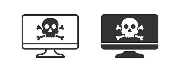 Icono de monitor de pc con cráneo icono de ataque de virus informático ilustración vectorial