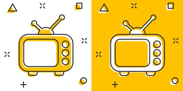 Icono de monitor de televisión de dibujos animados de vector en estilo cómico pictograma de ilustración de concepto de pantalla de TV concepto de efecto de salpicadura de negocio de espectáculo de TV