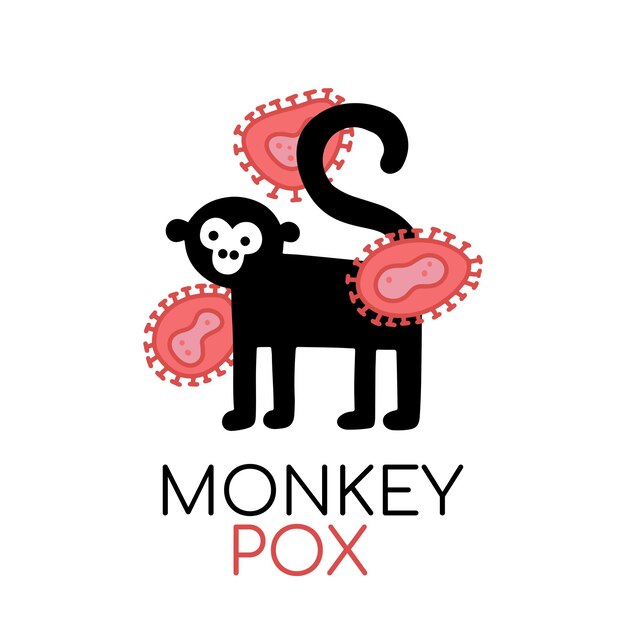 Icono de mono con células de virus nueva enfermedad del virus de la viruela del mono transmitida por mono simio vector simple f