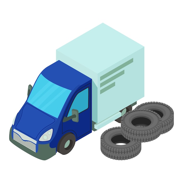 Icono de montaje de neumáticos vector isométrico Varios neumáticos de automóviles nuevos y furgonetas de entrega Taller de automóviles de servicio