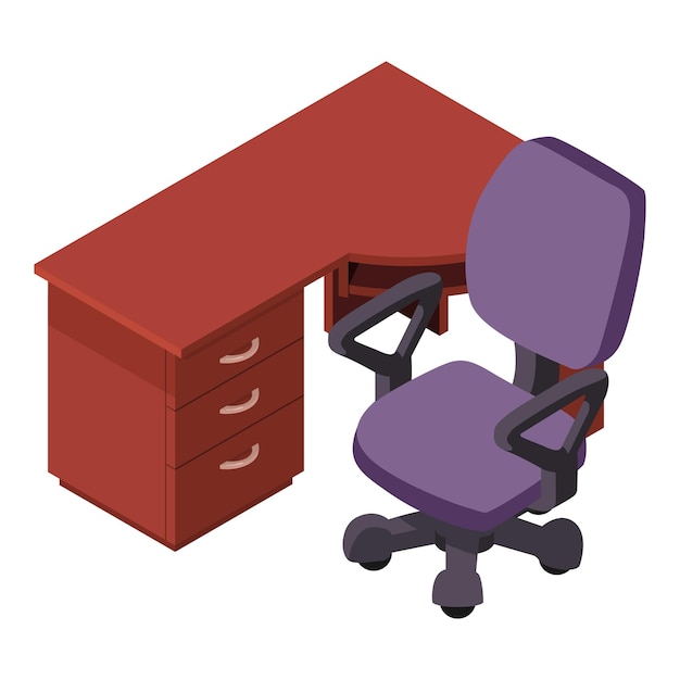 Icono de muebles de negocios vector isométrico Icono de mesa y silla de oficina moderna Mesa de madera silla de trabajo muebles de oficina en el lugar de trabajo