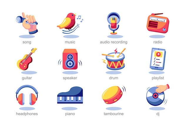 Icono de música en estilo de dibujos animados planos, los diversos elementos que componen la música se representan en un