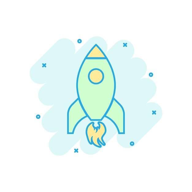 Icono de nave espacial cohete en estilo cómic Pictograma de ilustración de dibujos animados de vector de nave espacial Efecto de salpicadura de concepto de negocio de inicio de cohete