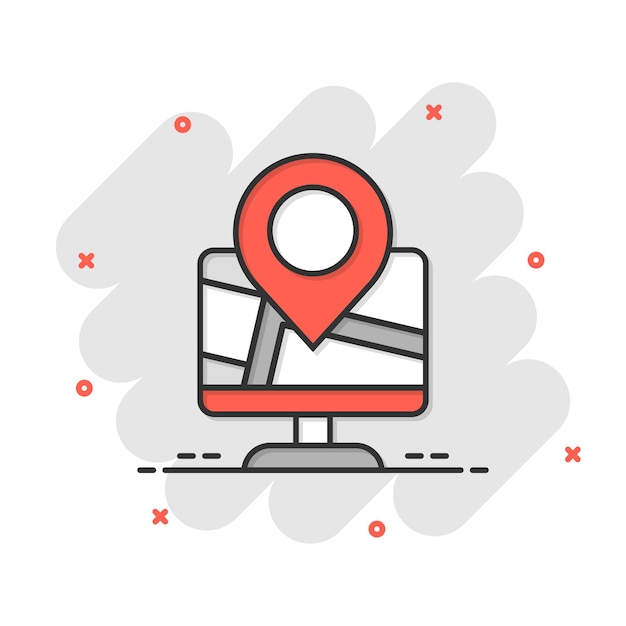 Icono de navegación de computadora en estilo cómic Monitor pin gps ilustración vectorial de dibujos animados en fondo blanco aislado Área de la ciudad ubicación efecto salpicaduras concepto de negocio