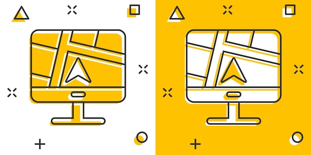 Icono de navegación de computadora en estilo cómic Monitor pin gps ilustración vectorial de dibujos animados en fondo blanco aislado Área de la ciudad ubicación efecto salpicaduras concepto de negocio