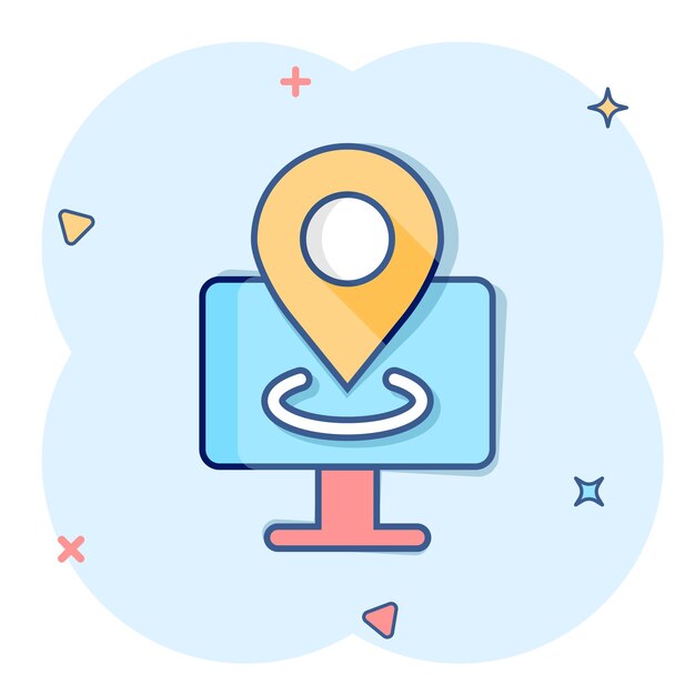 Icono de navegación de computadora en estilo cómic Monitor pin gps ilustración vectorial de dibujos animados en fondo blanco aislado Área de la ciudad ubicación efecto salpicaduras concepto de negocio