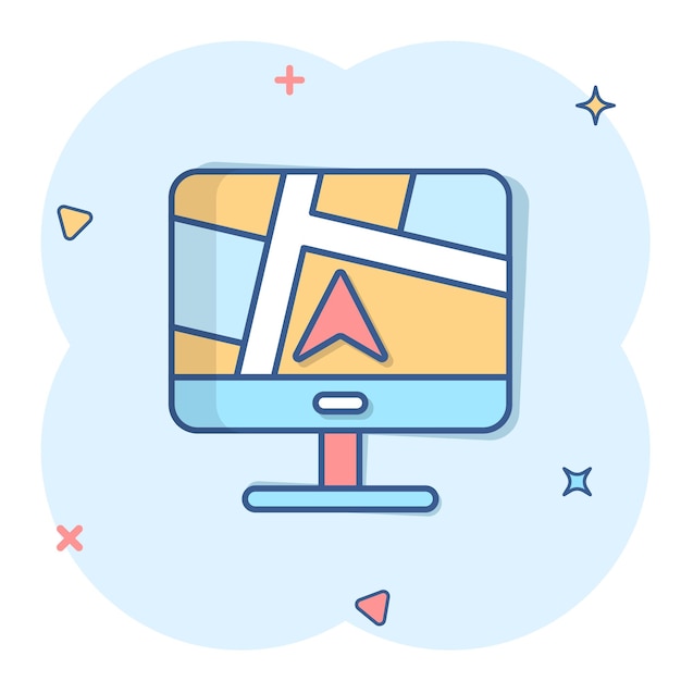 Icono de navegación de computadora en estilo cómic Monitor pin gps ilustración vectorial de dibujos animados en fondo blanco aislado Área de la ciudad ubicación efecto salpicaduras concepto de negocio