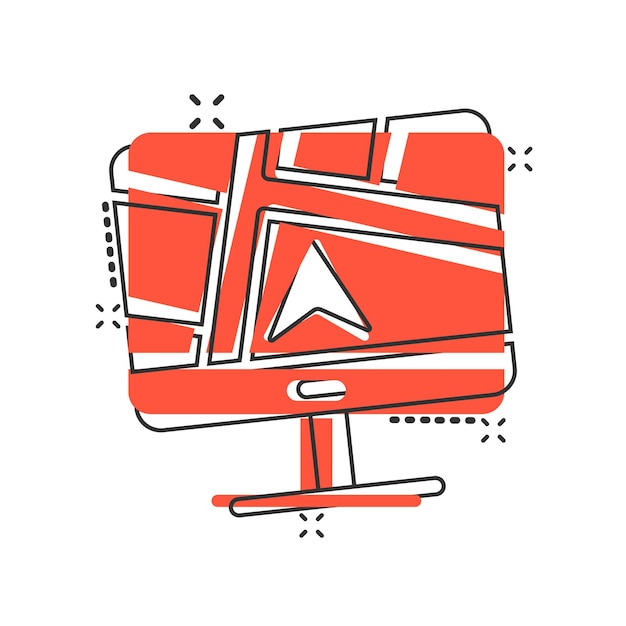 Icono de navegación de computadora en estilo cómic Monitor pin gps ilustración vectorial de dibujos animados en fondo blanco aislado Área de la ciudad ubicación efecto salpicaduras concepto de negocio
