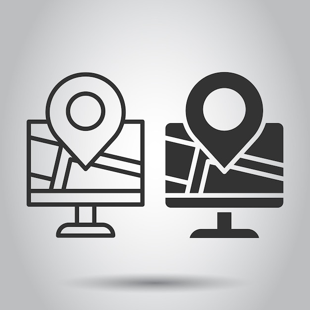 Icono de navegación por computadora en estilo plano Monitor pin gps ilustración vectorial sobre fondo blanco aislado Concepto de negocio de ubicación en el área de la ciudad