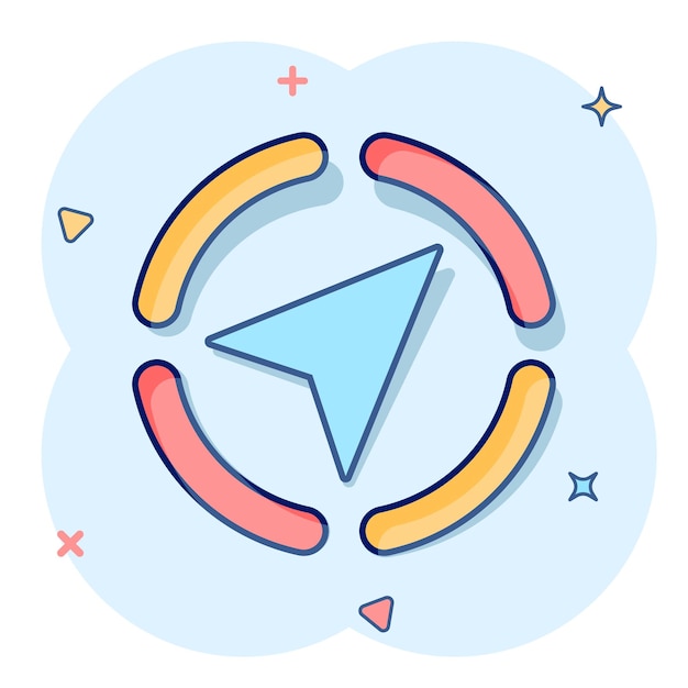 Icono de navegación global en estilo cómic Brújula gps vector ilustración de dibujos animados sobre fondo blanco aislado Efecto de salpicadura de concepto de negocio de descubrimiento de ubicación