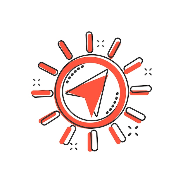 Icono de navegación global en estilo cómico Brújula gps vector ilustración de dibujos animados sobre fondo blanco aislado Efecto de salpicadura de concepto de negocio de descubrimiento de ubicación