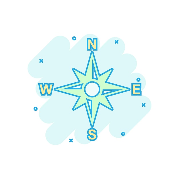 Icono de navegación global en estilo cómico Brújula gps vector ilustración de dibujos animados sobre fondo blanco aislado Efecto de salpicadura de concepto de negocio de descubrimiento de ubicación