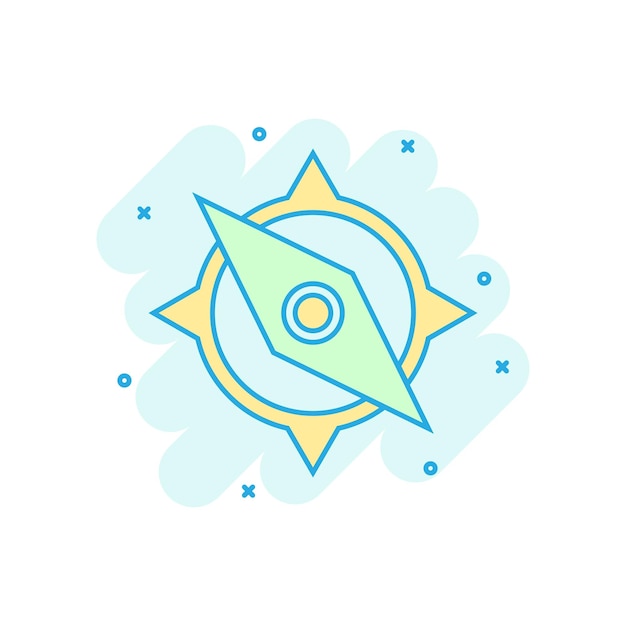 Icono de navegación global en estilo cómico Brújula gps vector ilustración de dibujos animados sobre fondo blanco aislado Efecto de salpicadura de concepto de negocio de descubrimiento de ubicación