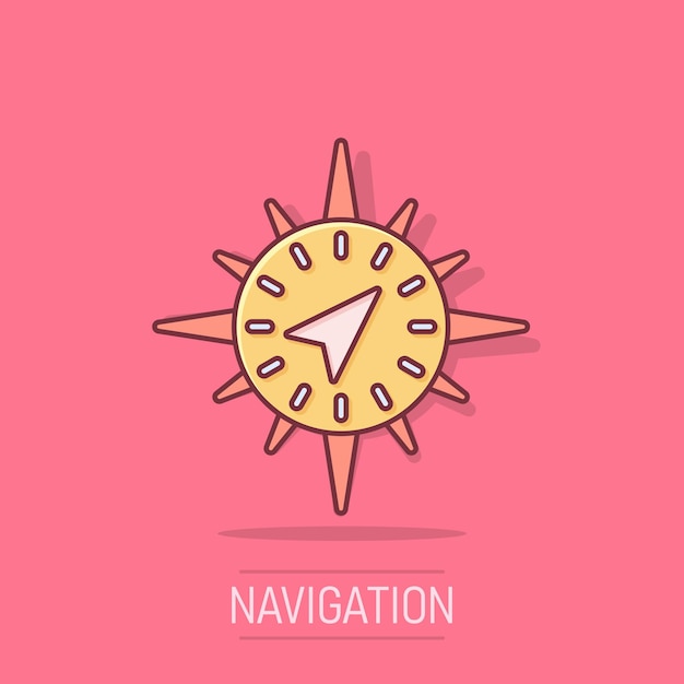 Icono de navegación global en estilo cómico Brújula gps vector ilustración de dibujos animados sobre fondo blanco aislado Efecto de salpicadura de concepto de negocio de descubrimiento de ubicación
