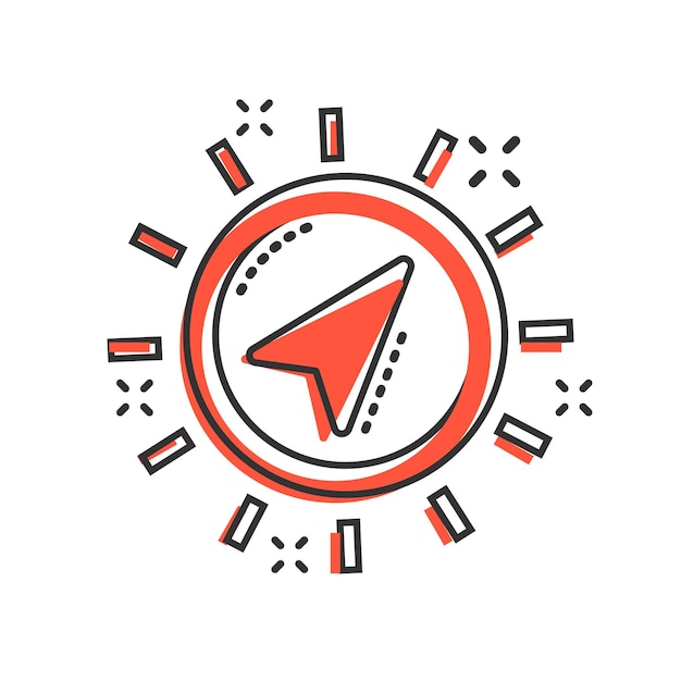 Icono de navegación global en estilo cómico Brújula gps vector ilustración de dibujos animados sobre fondo blanco aislado Efecto de salpicadura de concepto de negocio de descubrimiento de ubicación
