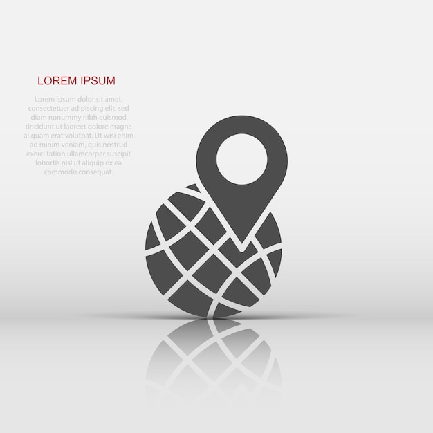 Icono de navegación global en estilo plano Ilustración de vector de gps de pin de globo sobre fondo blanco aislado Concepto de negocio de dirección de planeta