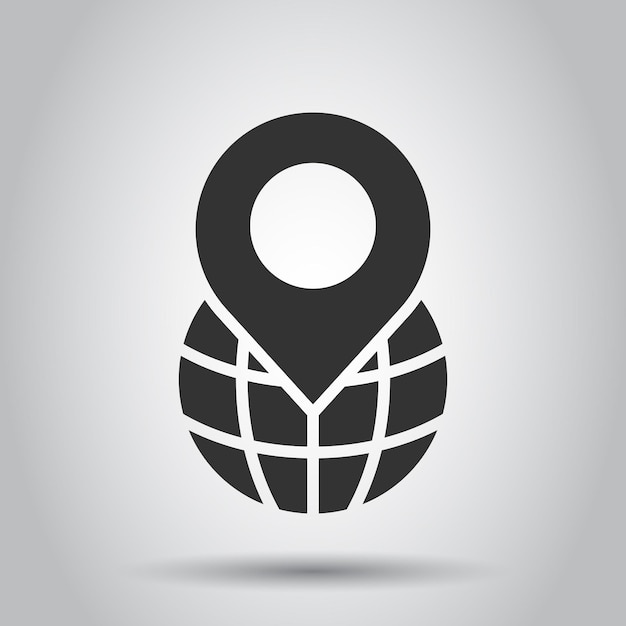 Icono de navegación global en estilo plano Ilustración vectorial de GPS de pin de globo en fondo blanco aislado Concepto de negocio de dirección del planeta