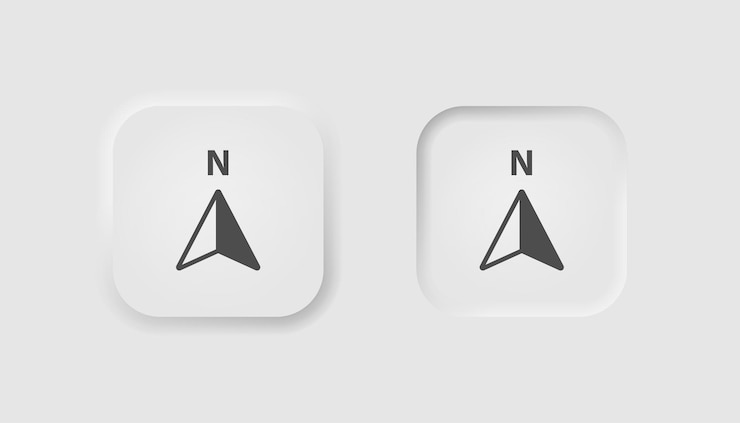 Vector icono de navegador de flecha en estilo de neumorfismo iconos para la interfaz de usuario blanca de negocios ux símbolo de gps ubicación del mapa de dirección norte de navegación estilo neumórfico ilustración vectorial
