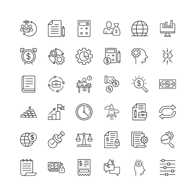 Ícono de negocio línea delgada establecida en estilo plano gente de dinero documento ilustración vectorial de trazo en fondo blanco aislado Diagrama freelance concepto de negocio lineal