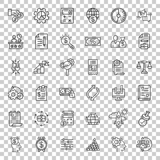 Ícono de negocio línea delgada establecida en estilo plano gente de dinero documento ilustración vectorial de trazo en fondo blanco aislado Diagrama freelance concepto de negocio lineal