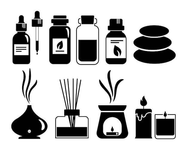 Icono negro de aromaterapia con aceites esenciales Botellas aceites aromáticos velas difusor de hierbas