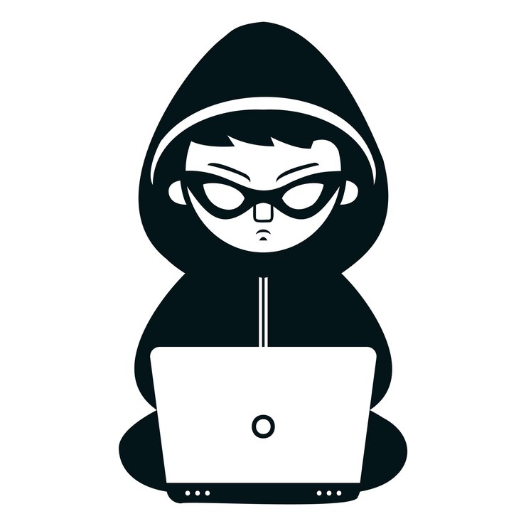 Vector ícono negro de un hacker en una máscara con una computadora portátil