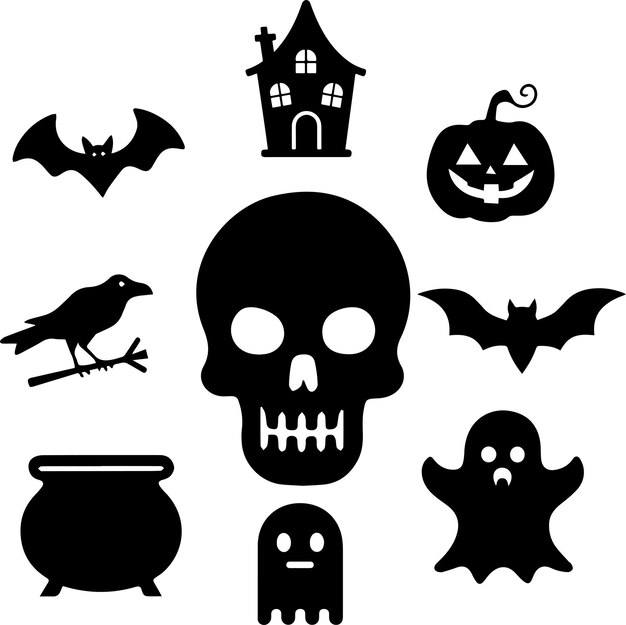El icono negro de Halloween establece el vector sobre un fondo blanco