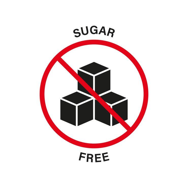 Vector icono negro de silueta sin azúcar comida sin azúcar añadida con señal de stop roja símbolo prohibido de glucosa