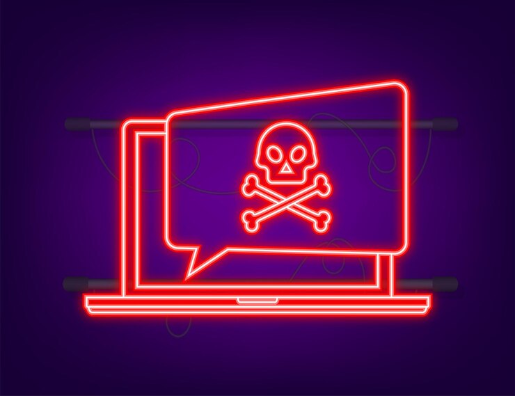 Vector icono de neón de ataque cibernético phishing de datos con anzuelo de pesca seguridad de internet portátil