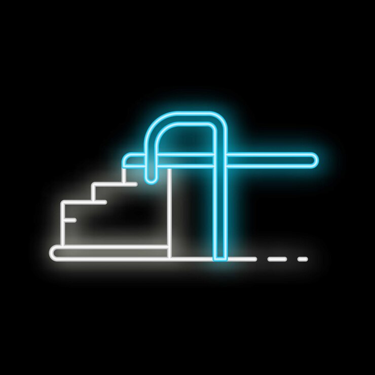 Vector icono de neón azul de una piscina con una escalera que brilla sobre un fondo negro