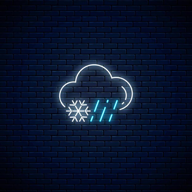 Icono de neón brillante clima lluvioso y nevado. Símbolo de lluvia y nieve con nubes en estilo neón para el pronóstico del tiempo