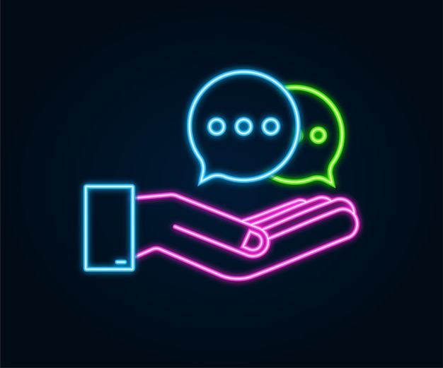 Icono de neón de burbujas de mensaje de chat colgando sobre las manos sobre fondo blanco. Ilustración de stock vectorial.