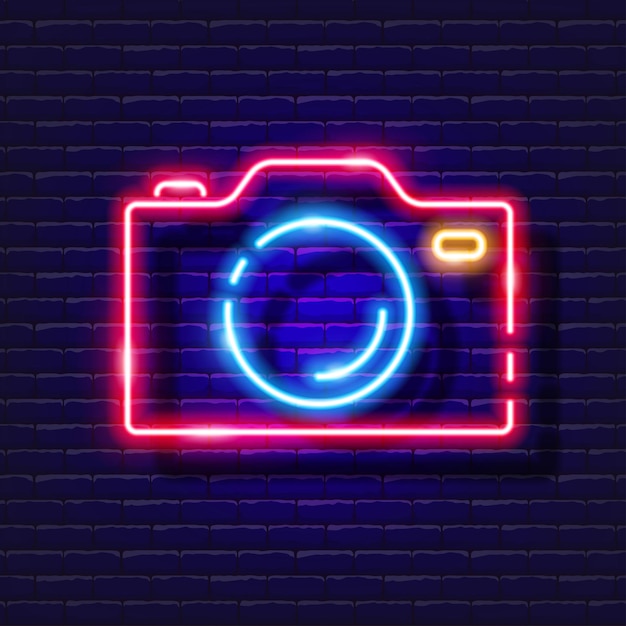 Icono de neón de cámara fotográfica Concepto de fotografía y video Ilustración vectorial de un letrero para tienda en línea de decoración de sitios web de diseño