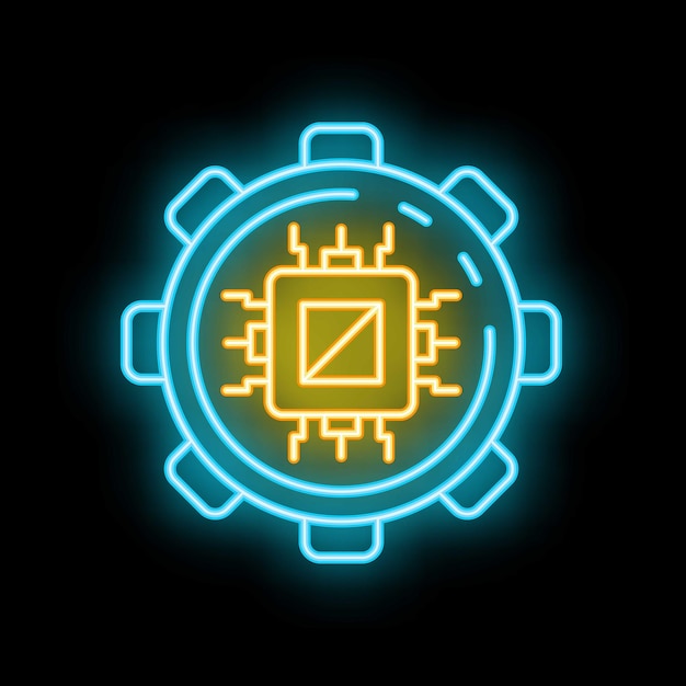 Icono de neón del chip de CPU dentro de la rueda de engranajes