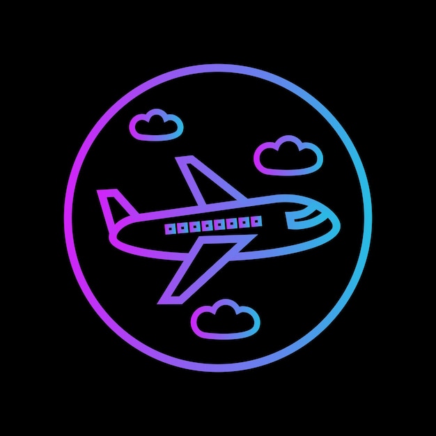 El icono de neón destaca el gradiente con el avión y las nubes vacaciones de turismo