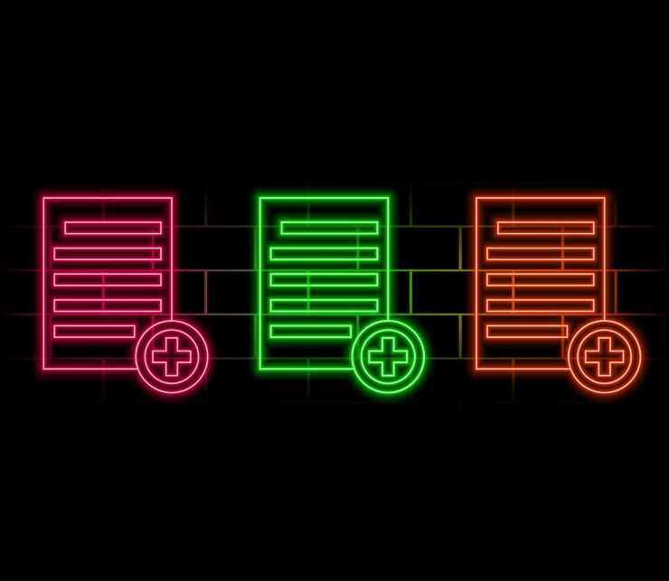 Vector ícono de neón de diagnóstico en estilo de línea historial médico y diagnósticos pruebas de salud