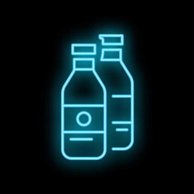 Icono de neón de dos botellas, una con una etiqueta que brilla sobre un fondo negro