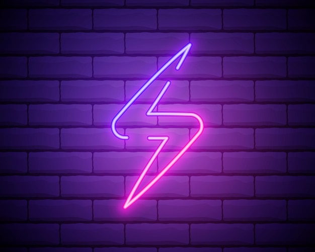 Vector icono de neón de energía eléctrica púrpura y violeta ilustración vectorial de señal eléctrica de neón púrpura y violeta que consta de contornos de neón con luz de fondo en el fondo de la pared de ladrillo oscuro
