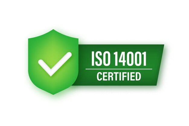 Icono de neón de insignia certificada ISO 14001. Sello de certificación. Ilustración de stock vectorial.