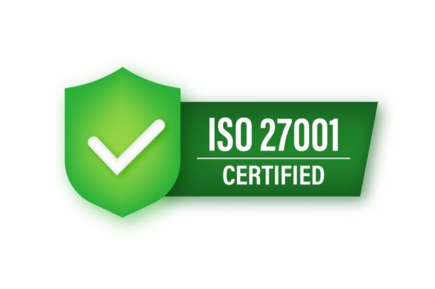 Icono de neón insignia certificado ISO 27001. Sello de certificación. Ilustración de stock vectorial.