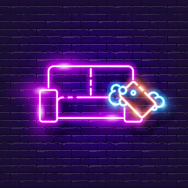 Icono de neón de limpieza de muebles Letrero luminoso de restauración de muebles Ilustración vectorial para letreros publicitarios de sitios web de diseño Símbolo de desinfección de insectos Concepto de servicio de limpieza
