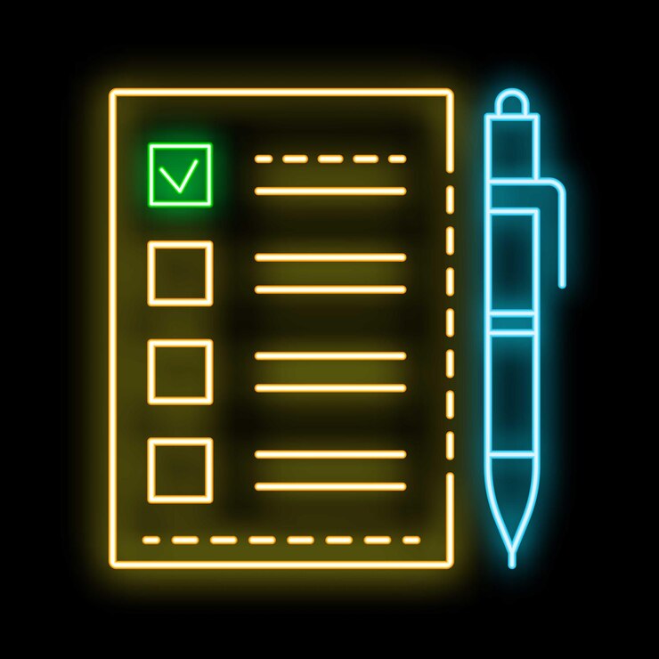 Vector icono de neón de la lista de comprobación con pluma que representa la gestión de tareas