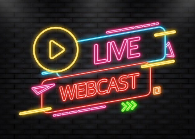 Icono de neón live webcast icono de botón diseño vectorial live webcast banner sobre fondo rojo