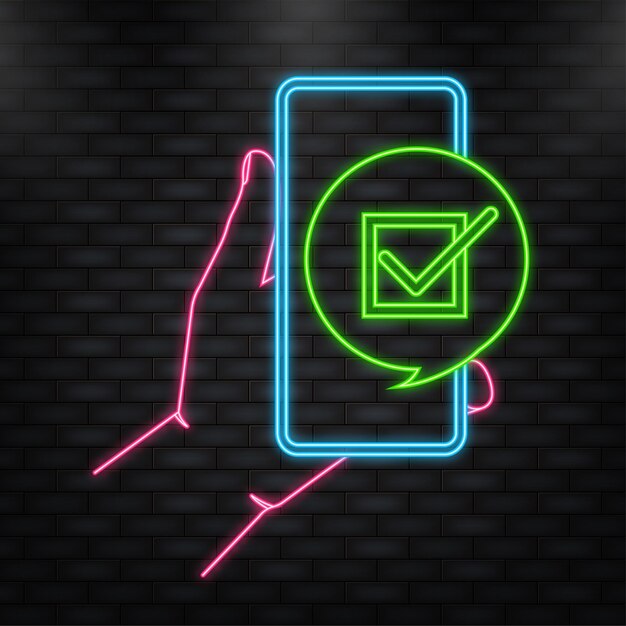 Icono de neón La mano sostiene el teléfono con una marca de verificación en la pantalla sobre fondo verde Ilustración vectorial