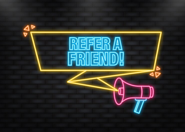 Icono de neón Megáfono con referir a un amigo Póster en plano