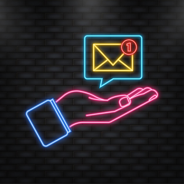 Icono de neón Mensaje nuevo en mano en estilo plano Icono de teléfono inteligente Ilustración plana para móvil