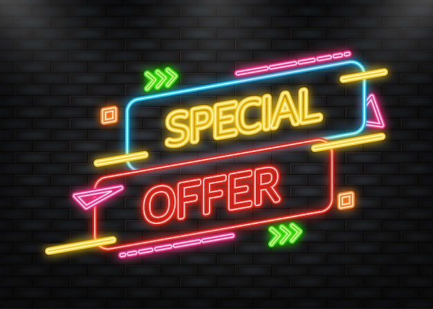 Icono de neón Oferta especial banner azul Icono de aplicación de etiqueta de descuento Ilustración vectorial