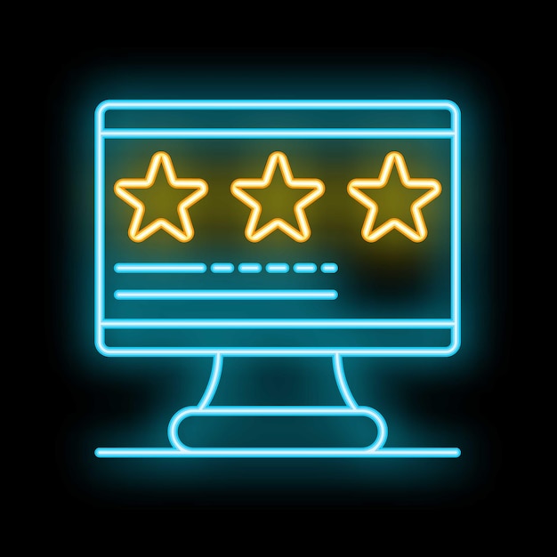 Icono de neón de la pantalla de la computadora que muestra una calificación de cinco estrellas